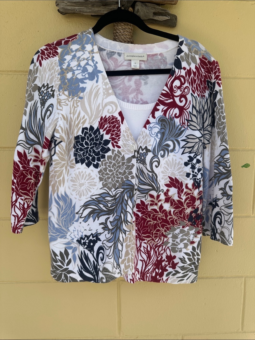 Christopher & Banks Multicolor Floral V-Neck Cardigan - Red, Blue, Cream, Black